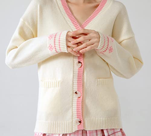 Himifashion Cute Knitted Cardigan Teen Girls Kawaii Bunny Embroidery Long Sleeve Sweater with Pockets V Neck Knitwear (White), One Size (HM-352)