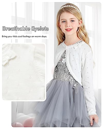 Domee Girls Knitted Cardigan Cotton Bolero Shrug Long Sleeve Solid Colour Cream White 8-10 Years (Manufacturer Size 140)