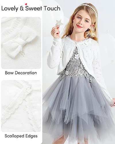 Domee Girls Knitted Cardigan Cotton Bolero Shrug Long Sleeve Solid Colour Cream White 8-10 Years (Manufacturer Size 140)