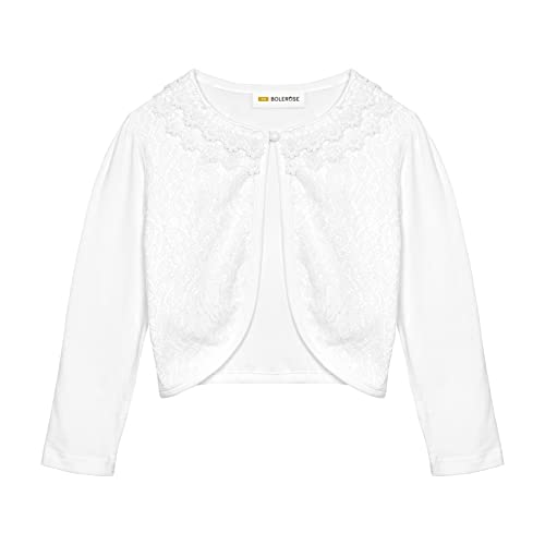 Bolerose Girls Long Sleeve Floral Lace Bolero Cardigan Kids Shrug Cover Up (White, 5-6 YRS)