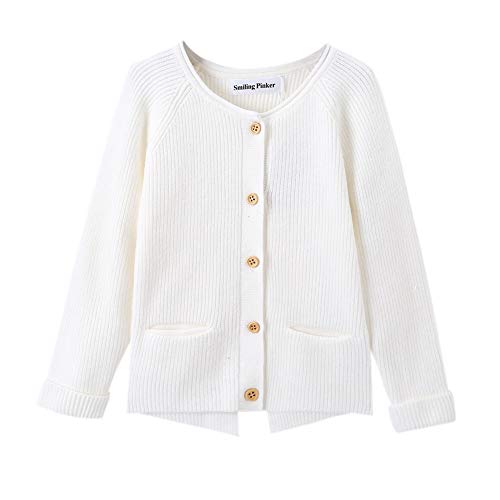 SMILING PINKER Toddler Girls Knit Cardigan Soft Warm Sweaters with Pockets (White, 2-3 Years)