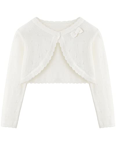 Adorel Girls Bolero Knitted Cardigan Pure Cotton Shrug Long Sleeve Crew Neck Cream White 8-10 Years (Manufacturer Size 140)