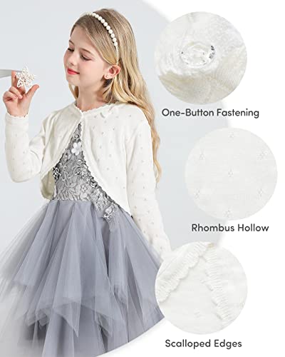 Adorel Girls Bolero Knitted Cardigan Pure Cotton Shrug Long Sleeve Crew Neck Cream White 8-10 Years (Manufacturer Size 140)