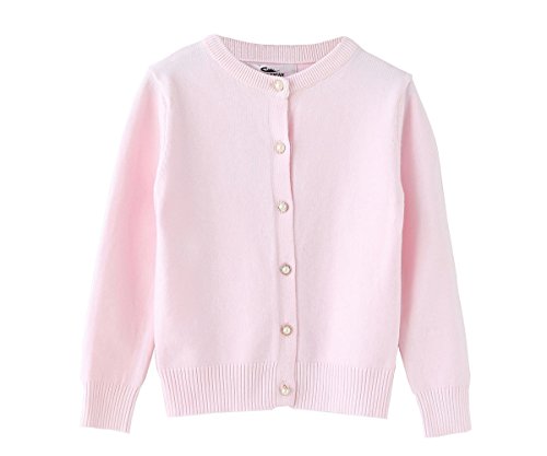ZHUANNIAN Girls School Cardigan Long Sleeve Pearl Button Down Uniform Schoolwear Cardigans(Pink,4-5 Years)