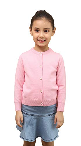 ZHUANNIAN Girls School Cardigan Long Sleeve Pearl Button Down Uniform Schoolwear Cardigans(Pink,4-5 Years)