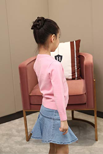 ZHUANNIAN Girls School Cardigan Long Sleeve Pearl Button Down Uniform Schoolwear Cardigans(Pink,4-5 Years)