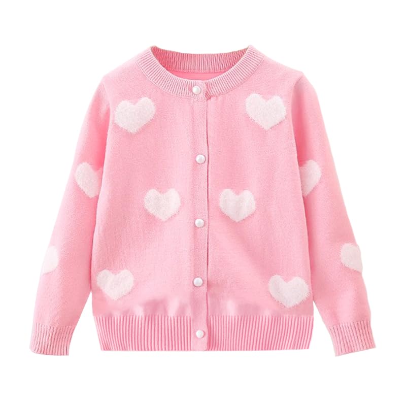 DHASIUE Girls Uniform Cotton Heart Jacquard Button Down Jacket Long Sleeve Childrens Girl Cardigan Schoolwear Pink 6 Years