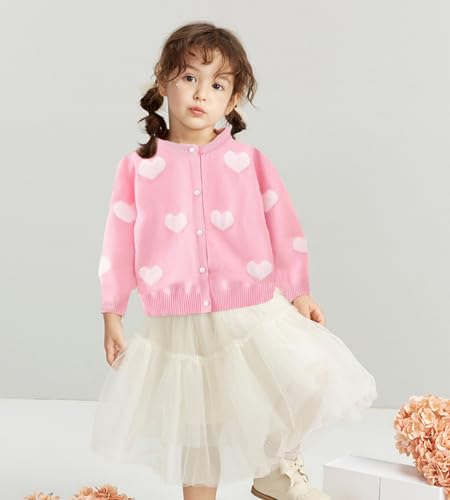 DHASIUE Girls Uniform Cotton Heart Jacquard Button Down Jacket Long Sleeve Childrens Girl Cardigan Schoolwear Pink 6 Years