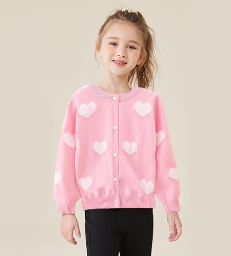 DHASIUE Girls Uniform Cotton Heart Jacquard Button Down Jacket Long Sleeve Childrens Girl Cardigan Schoolwear Pink 6 Years