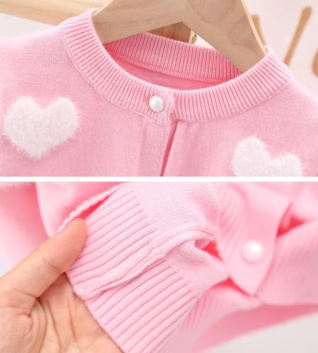 DHASIUE Girls Uniform Cotton Heart Jacquard Button Down Jacket Long Sleeve Childrens Girl Cardigan Schoolwear Pink 6 Years