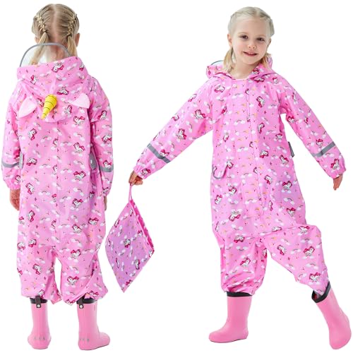 FILOWA Kids Puddle Suit Girls Waterproof Suit All in One Rainsuit Children Hooded Raincoat Lightweight Breathable Rainwear and Easy to Dry Muddy Suit for Childs 5-7 Years,Pink