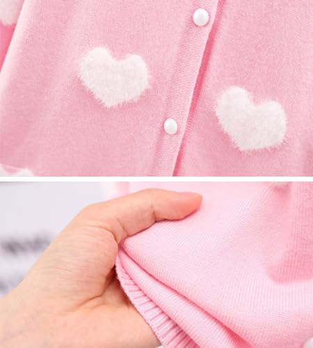 DHASIUE Girls Uniform Cotton Heart Jacquard Button Down Jacket Long Sleeve Childrens Girl Cardigan Schoolwear Pink 6 Years