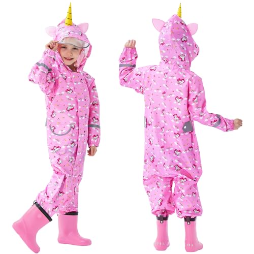 FILOWA Kids Puddle Suit Girls Waterproof Suit All in One Rainsuit Children Hooded Raincoat Lightweight Breathable Rainwear and Easy to Dry Muddy Suit for Childs 5-7 Years,Pink