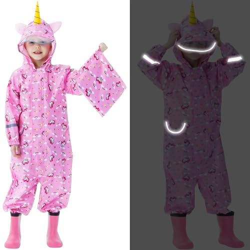 FILOWA Kids Puddle Suit Girls Waterproof Suit All in One Rainsuit Children Hooded Raincoat Lightweight Breathable Rainwear and Easy to Dry Muddy Suit for Childs 5-7 Years,Pink