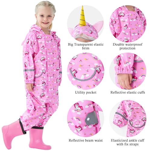 FILOWA Kids Puddle Suit Girls Waterproof Suit All in One Rainsuit Children Hooded Raincoat Lightweight Breathable Rainwear and Easy to Dry Muddy Suit for Childs 5-7 Years,Pink