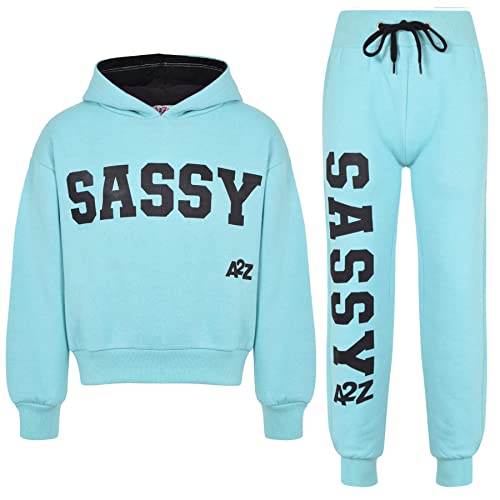 A2Z 4 Kids Girls Tracksuit Fleece Hooded Crop Top Bottom Jogging Suit - T.S Crop Sassy Aqua 11-12