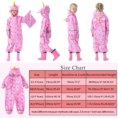 FILOWA Kids Puddle Suit Girls Waterproof Suit All in One Rainsuit Children Hooded Raincoat Lightweight Breathable Rainwear and Easy to Dry Muddy Suit for Childs 5-7 Years,Pink