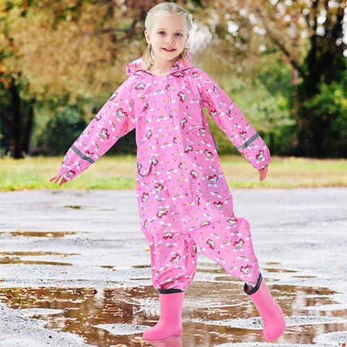 Domueay Kids Puddle Suit Girls Waterproof All in One Rainsuit Hooded Breathable Lightweight Raincoat Cartoon Muddy Suit with Zip for Children 7-9 Years, Pink