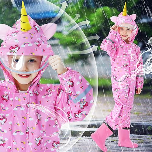 Domueay Kids Puddle Suit Girls Waterproof All in One Rainsuit Hooded Breathable Lightweight Raincoat Cartoon Muddy Suit with Zip for Children 7-9 Years, Pink