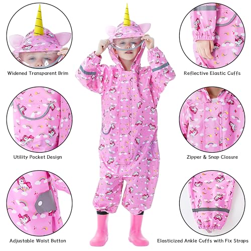 Domueay Kids Puddle Suit Girls Waterproof All in One Rainsuit Hooded Breathable Lightweight Raincoat Cartoon Muddy Suit with Zip for Children 7-9 Years, Pink