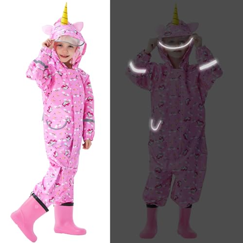 Domueay Kids Puddle Suit Girls Waterproof All in One Rainsuit Hooded Breathable Lightweight Raincoat Cartoon Muddy Suit with Zip for Children 7-9 Years, Pink