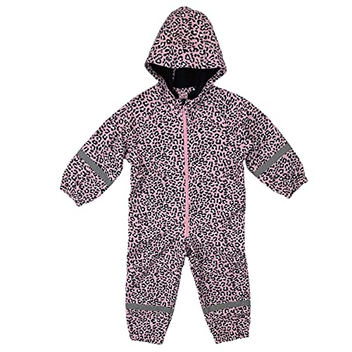 G5 APPAREL Girls Waterproof Softshell Fleece Lined Puddle All In One Kids Rain Suit Overall (Pink Leopard Print, 3 Years)