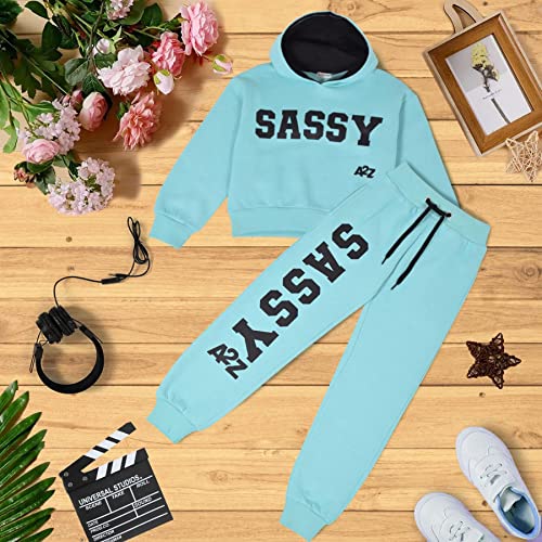 A2Z 4 Kids Girls Tracksuit Fleece Hooded Crop Top Bottom Jogging Suit - T.S Crop Sassy Aqua 11-12