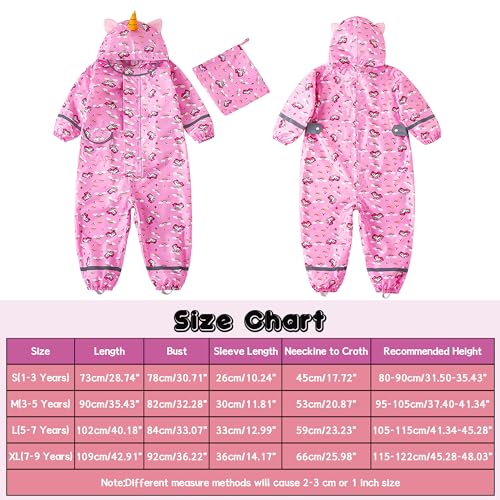 Domueay Kids Puddle Suit Girls Waterproof All in One Rainsuit Hooded Breathable Lightweight Raincoat Cartoon Muddy Suit with Zip for Children 7-9 Years, Pink