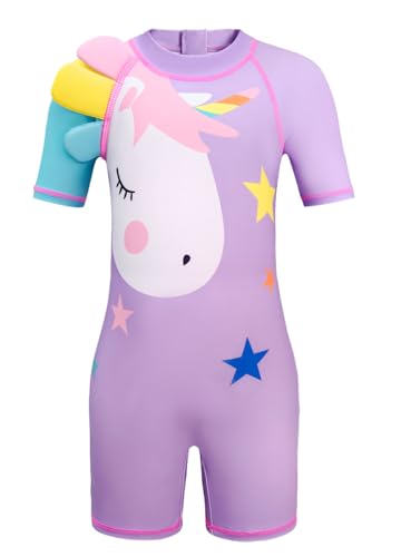 Moneric Girls UV Protection Swimsuit Short Sleeve Swimwear Beach Rash Guard Swimming Costume Sun Protection Bathing Suit with Cap Purple XXXL (7-8 Years)
