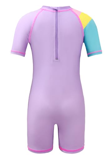 Moneric Girls UV Protection Swimsuit Short Sleeve Swimwear Beach Rash Guard Swimming Costume Sun Protection Bathing Suit with Cap Purple XXXL (7-8 Years)