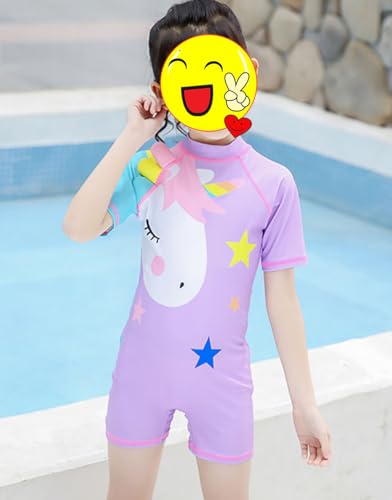 Moneric Girls UV Protection Swimsuit Short Sleeve Swimwear Beach Rash Guard Swimming Costume Sun Protection Bathing Suit with Cap Purple XXXL (7-8 Years)