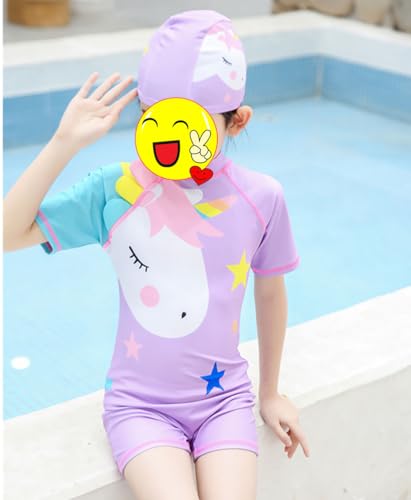 Moneric Girls UV Protection Swimsuit Short Sleeve Swimwear Beach Rash Guard Swimming Costume Sun Protection Bathing Suit with Cap Purple XXXL (7-8 Years)