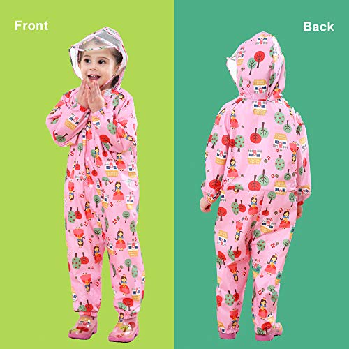 Baogaier Raincoat for Kids Girls Hooded Rains Puddle Suit Poncho Rainwear Jumpsuit Pink Floral One Piece Lightweight Portable Waterproof Rainsuit Jacket PVC Transparent Hat Brim Zipper Age 5-7 Years