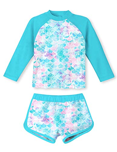TUONROAD Baby Girl Mermaid 2 Piece Swimsuit Long Sleeve UPF 50+ Protection Swimming Set Swimwear for Kids 3-4 Years Blue