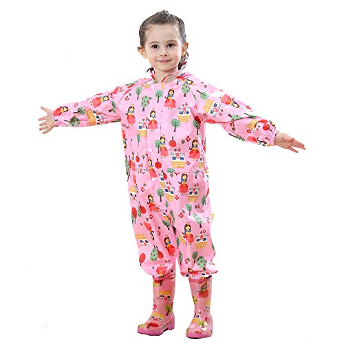 Baogaier Raincoat for Kids Girls Hooded Rains Puddle Suit Poncho Rainwear Jumpsuit Pink Floral One Piece Lightweight Portable Waterproof Rainsuit Jacket PVC Transparent Hat Brim Zipper Age 5-7 Years
