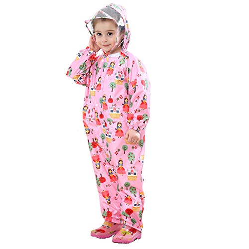 Baogaier Raincoat for Kids Girls Hooded Rains Puddle Suit Poncho Rainwear Jumpsuit Pink Floral One Piece Lightweight Portable Waterproof Rainsuit Jacket PVC Transparent Hat Brim Zipper Age 5-7 Years