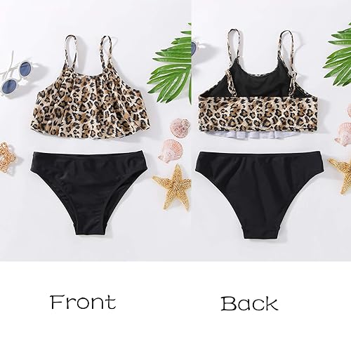 Girls Swimming Costume Girls Swimsuit Toddler Two Piece Bathing Suit Kids Sleeveless Swimwear Leopard Bikini Tankini Beach Rash Guard Swimsuits 12-14 Years