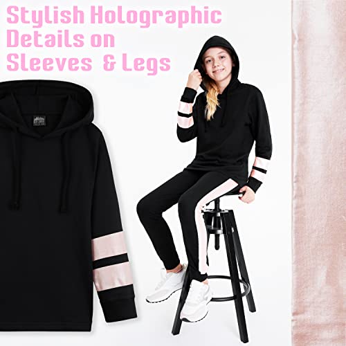 Girls Tracksuit 2 Piece Hoodie Jogging Bottoms Activewear Set for Kids Teenagers Cotton Lounge Wear Holographic Soft Breathable Kids Tracksuit (Holographic, 11-12 Years)