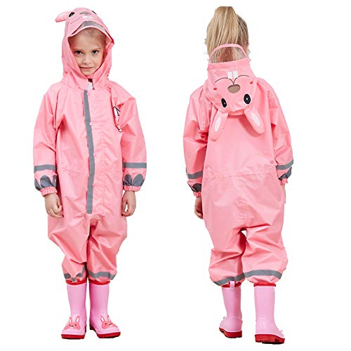 JinBei Puddle Suit Girls Raincoat Hooded Lightweight Pink Rabbit Poncho Kids Rainwear Muddy Suit Portable All in One Waterproof Rainsuit Breathable PVC Transparent Hat Brim Zipper 7-10 Years