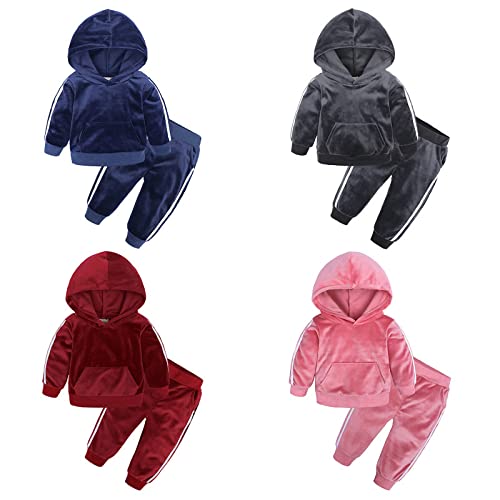 Hikewin Toddler Girls Clothes Set 2 Pcs Velvet Kids Long Sleeve Sports Hooded Outfits Pink 3-4 Years