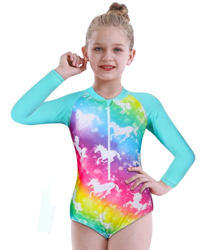 Jolikley Swimming Costume Girls Long Sleeve Swimsuit Unicorn Swimwear Rash Guard Sun Protection Bathing Suit Kids Holiday in The Sun Swimming Costume 5-6 Years, Green Unicorn