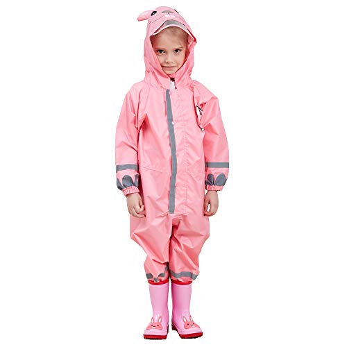 JinBei Puddle Suit Girls Raincoat Hooded Lightweight Pink Rabbit Poncho Kids Rainwear Muddy Suit Portable All in One Waterproof Rainsuit Breathable PVC Transparent Hat Brim Zipper 7-10 Years