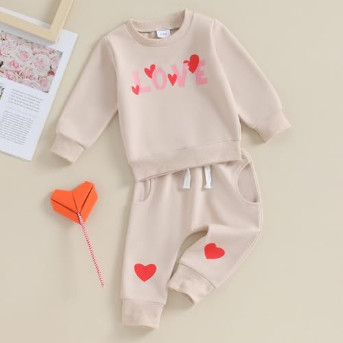 XIXIMAON Baby Boys Girls 2pcs Tracksuit Set Heart Letter Print Long Sleeve Sweatshirt Drawstring Pants Set Toddler Valentines Outfits (Apricot, 2-3 Years)