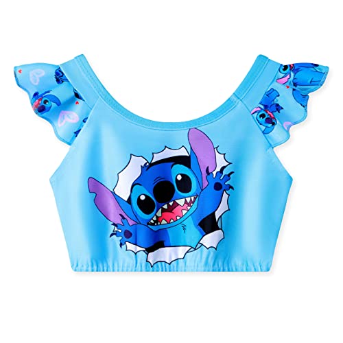 Stitch Girls Swimming Costume Kids Two Piece Ruffle Sleeve Swimsuit Swimwear for Girls 6-10 Years Blue