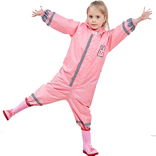 JinBei Puddle Suit Girls Raincoat Hooded Lightweight Pink Rabbit Poncho Kids Rainwear Muddy Suit Portable All in One Waterproof Rainsuit Breathable PVC Transparent Hat Brim Zipper 7-10 Years