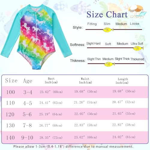 Jolikley Swimming Costume Girls Long Sleeve Swimsuit Unicorn Swimwear Rash Guard Sun Protection Bathing Suit Kids Holiday in The Sun Swimming Costume 5-6 Years, Green Unicorn