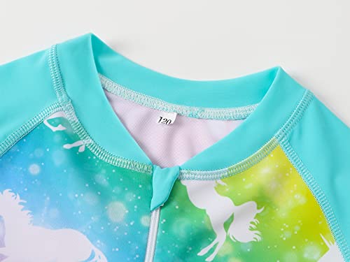 Jolikley Swimming Costume Girls Long Sleeve Swimsuit Unicorn Swimwear Rash Guard Sun Protection Bathing Suit Kids Holiday in The Sun Swimming Costume 5-6 Years, Green Unicorn