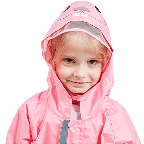 JinBei Puddle Suit Girls Raincoat Hooded Lightweight Pink Rabbit Poncho Kids Rainwear Muddy Suit Portable All in One Waterproof Rainsuit Breathable PVC Transparent Hat Brim Zipper 7-10 Years