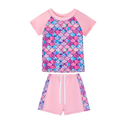 OFIMAN Girls Swimming Costume Girls Swimsuit Kids Two Pieces Short Sleeve Bathing Suit UPF 50+ Protection Swim Set (Mermaid Pink, 4-5 Years)