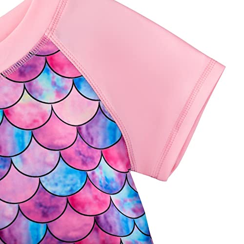 OFIMAN Girls Swimming Costume Girls Swimsuit Kids Two Pieces Short Sleeve Bathing Suit UPF 50+ Protection Swim Set (Mermaid Pink, 4-5 Years)